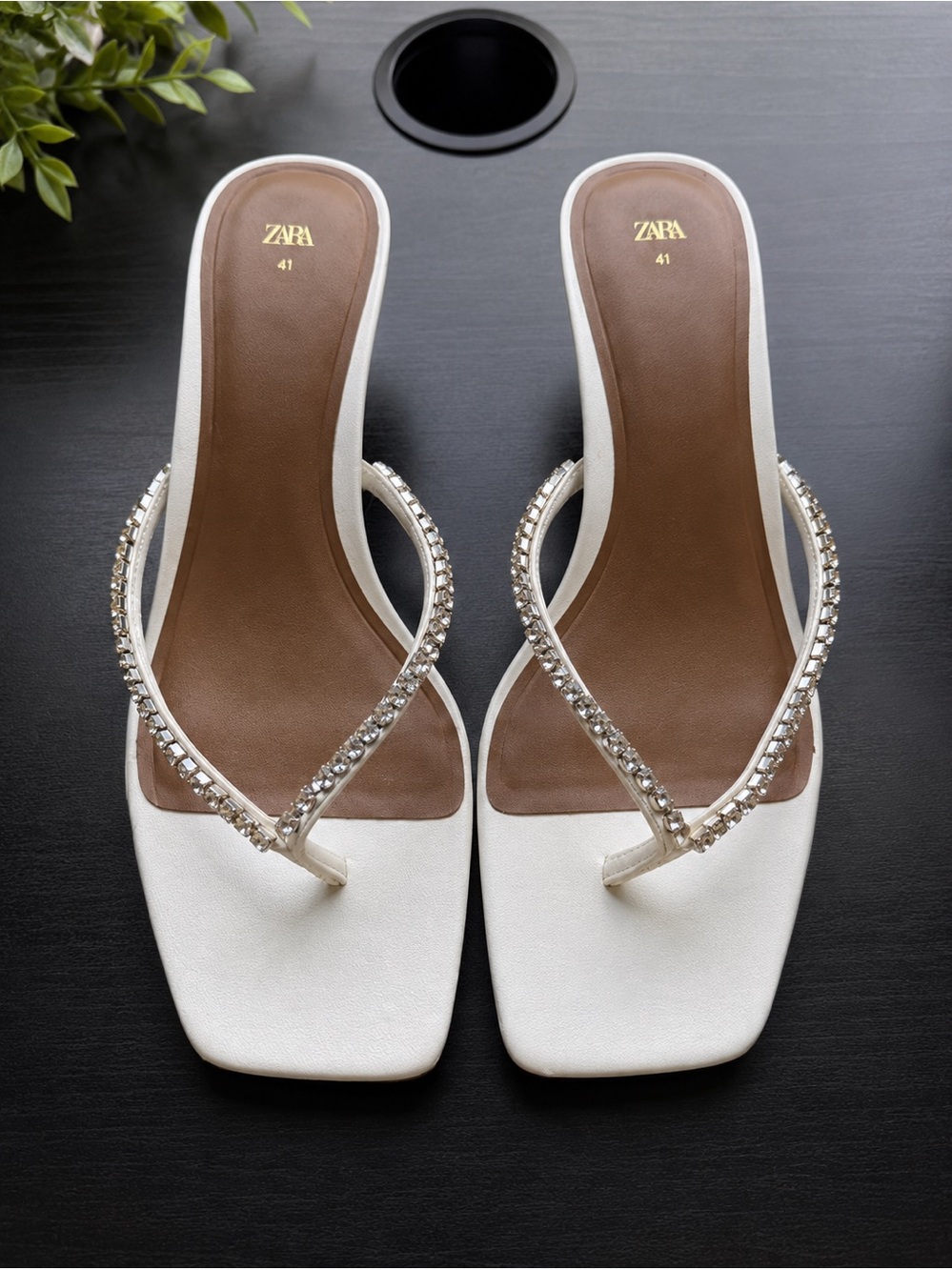 ZARA White Jeweled Square-Toe Slide Heels